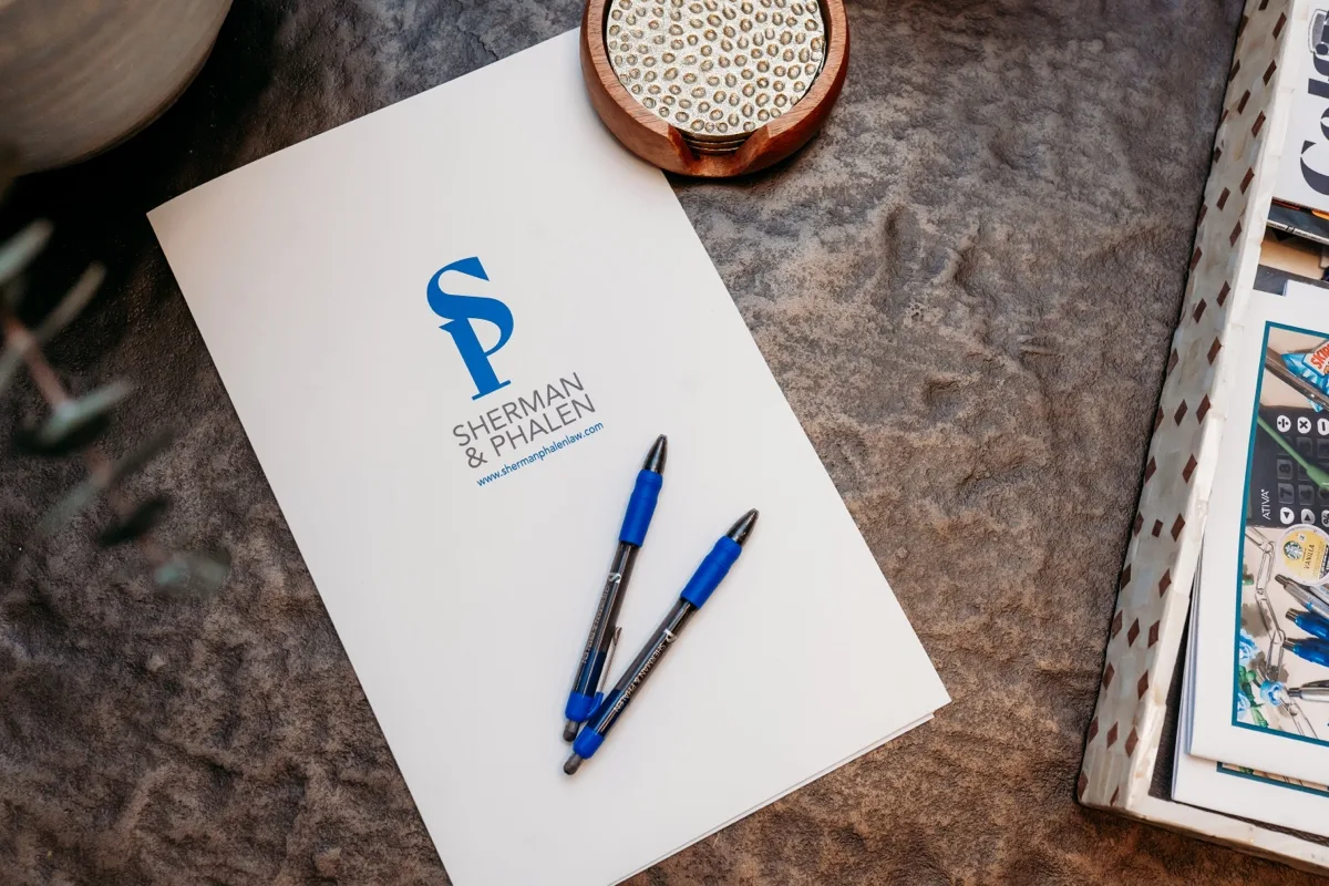 A Sherman and Phalen branded notepad and pens rest on a textured desk surface beside a folder of documents.